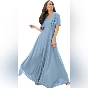 NWT Sky blue silky flutter-sleeve maxi — elegant, evening, bridesmaid, cocktail
